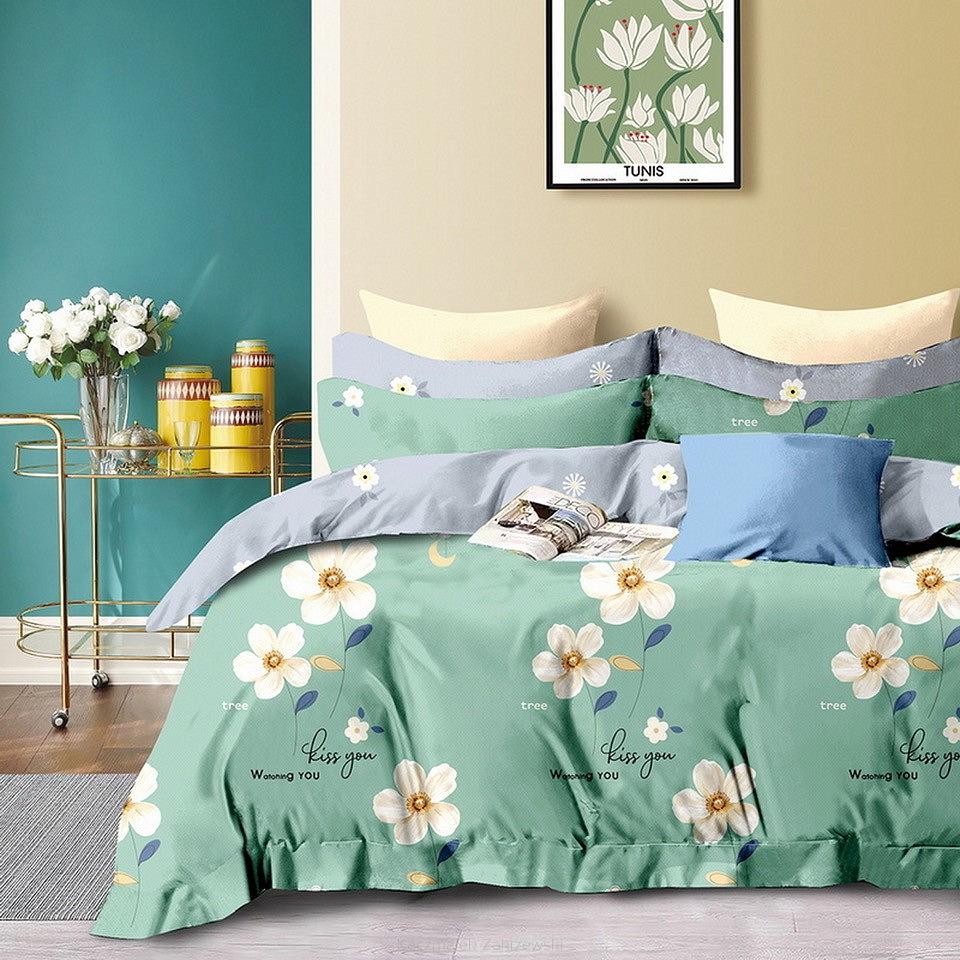 Pościel satynowa 140x200 zielona w białe kwiaty