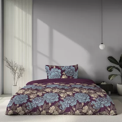 Pościel satynowa Home Satin 140x200 bordowa w niebieskie i beżowe piwonie