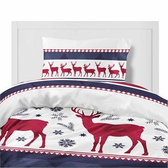 Pościel flanelowa świąteczna 200x220 renifery czerwona granatowa