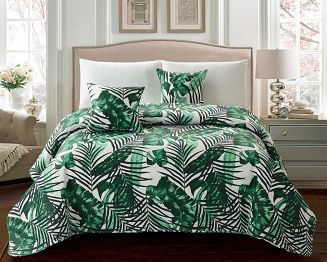 Narzuta dekoracyjna JUNGLE 160x220 pikowana kremowa zielone czarne liście palmy