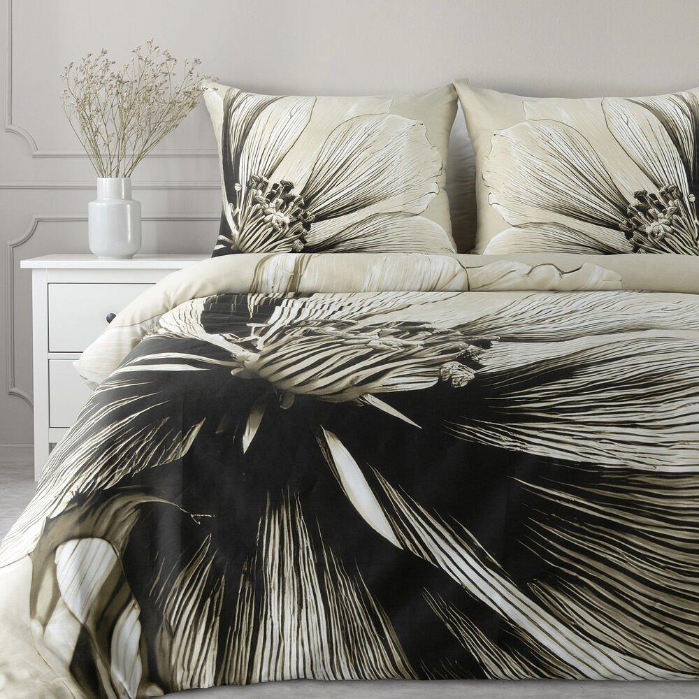 Pościel satynowa SPRING 160x200 Eurofirany jasnobeżowa czarna duży kwiat