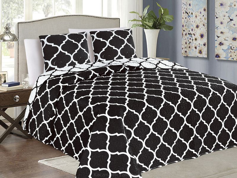 Narzuta dekoracyjna z poszewkami TAVIRA 180x220 dwustronna czarna biała koniczyna maroko