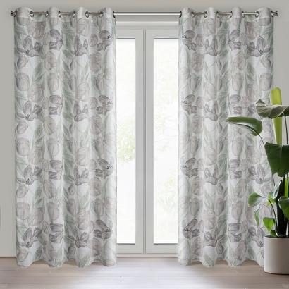 Zasłona gotowa na przelotkach MILLIE 140x250 Eurofirany naturalna zielona kwiaty tulipany