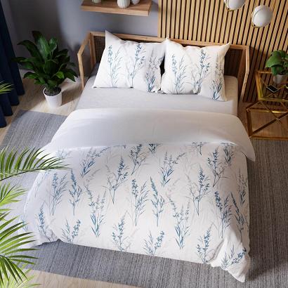 Komplet pościeli SELA z bawełny satynowej 160x200 biała ciemnoniebieskie szare trawy