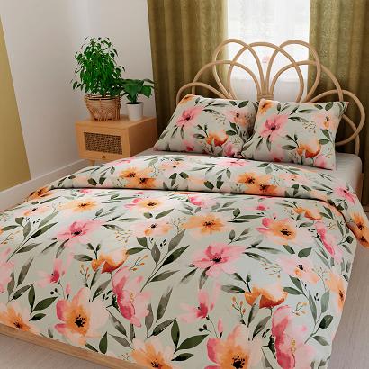 Komplet pościeli z bawełny satynowej FLORALIS 160x200 szałwiowa kolorowe akwarelowe kwiaty