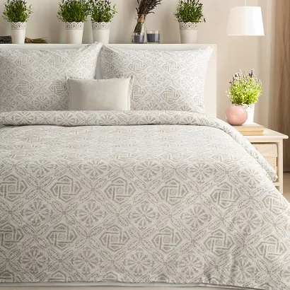 Pościel satynowa SPRING 160x200 Eurofirany ciemnobeżowa biała geometryczny fantazyjny ornament
