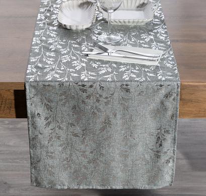 Bieżnik obrus dekoracyjny SIMONA 40x140 Eurofirany srebrny botaniczny nadruk gałązki