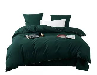 Pościel satyna bawełniana Queen Premium 160x200 butelkowa zieleń ze złotą lamówką