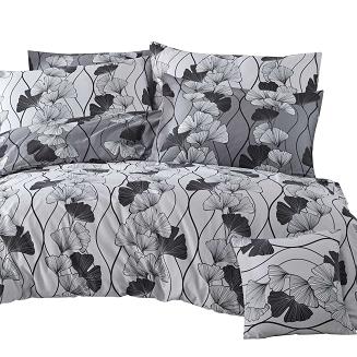 Pościel satyna bawełniana CORNELIA 160x200 biała szara czarna w liście miłorzębu