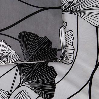 Pościel satyna bawełniana CORNELIA 160x200 biała szara czarna w liście miłorzębu