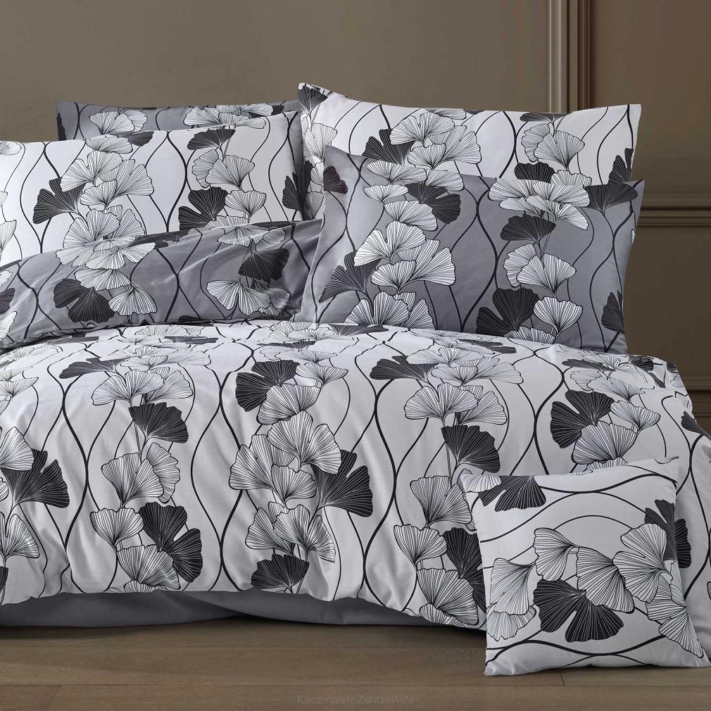 Pościel satyna bawełniana CORNELIA 160x200 biała szara czarna w liście miłorzębu