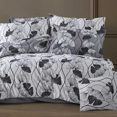 Pościel satyna bawełniana CORNELIA 160x200 biała szara czarna w liście miłorzębu