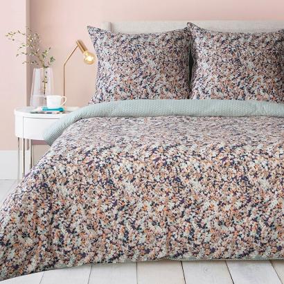 Pościel satynowa ESPRIT 200x220 Eurofirany miętowa pomarańczowa w kwiatuszki + geometryczny rzucik