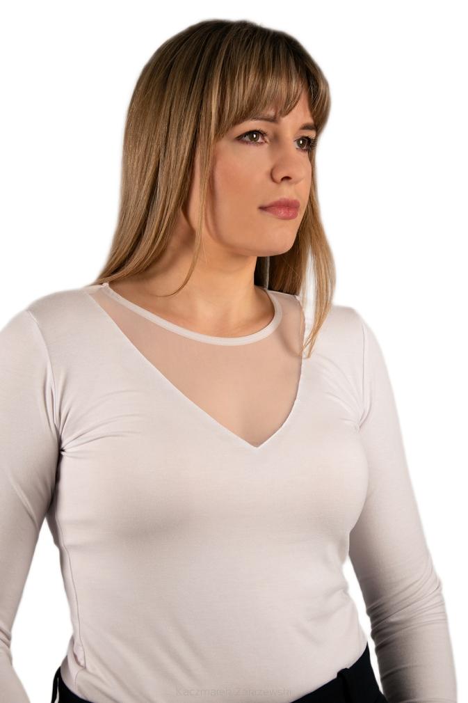 Elegancka bluzka damska z długim rękawem GINGER z tiulowym dekoltem biała