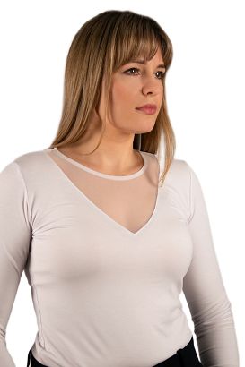 Elegancka bluzka damska z długim rękawem GINGER z tiulowym dekoltem biała