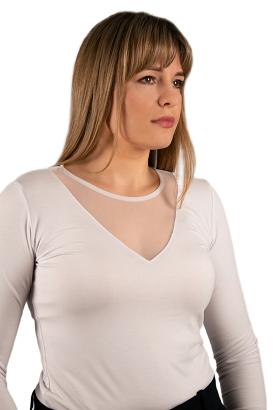 Elegancka bluzka damska z długim rękawem GINGER z tiulowym dekoltem biała