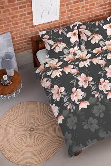 Pościel flanelowa 220x200 antracytowa koralowa kwiaty magnolii