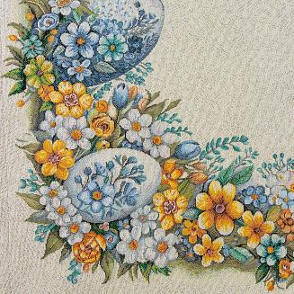 Obrus dekoracyjny 140x180 Eurofirany naturalny niebieski wielkanocne pisanki wśród kwiatów