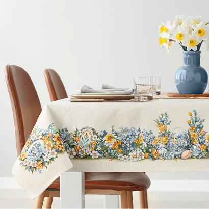 Obrus dekoracyjny gobelin 140x180 Eurofirany naturalny niebieski wielkanocne pisanki wśród kwiatów