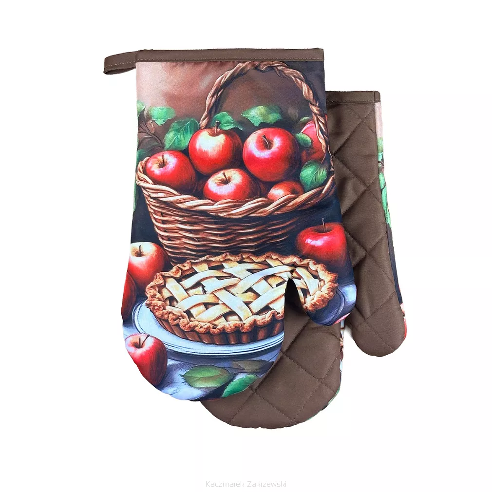 Rękawice kuchenne 18x27 z magnesem 2 szt. brązowe szarlotka jabłka