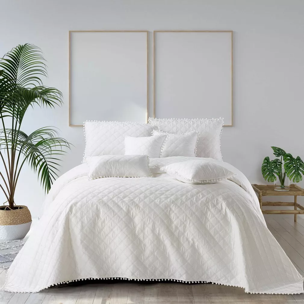 Narzuta dekoracyjna POMPOO 160x220 pikowana z pomponami biała