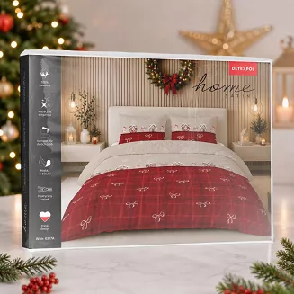 Pościel satynowa świąteczna Home Satin 140x200 czerwona beżowa w domki, kokardy i kratkę