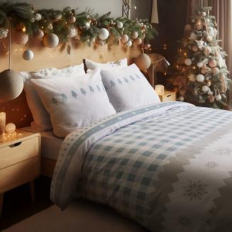 Pościel flanelowa 200x220 Darymex biała szara niebieska kratka + śnieżynki