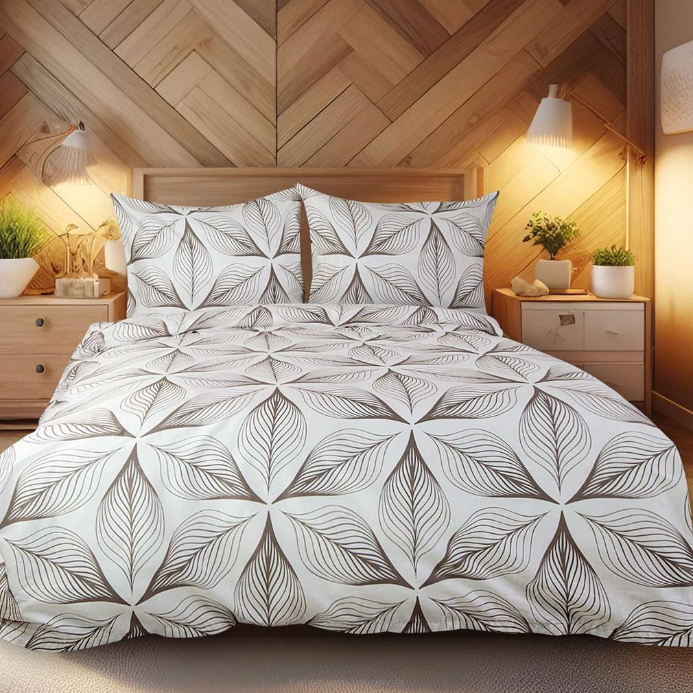 Pościel satyna bawełniana SATYNLOVE 220x200 biała w brązowe symetryczne liście