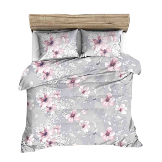 Pościel z kory 160x200 kwiaty duże różowe na szarym tle