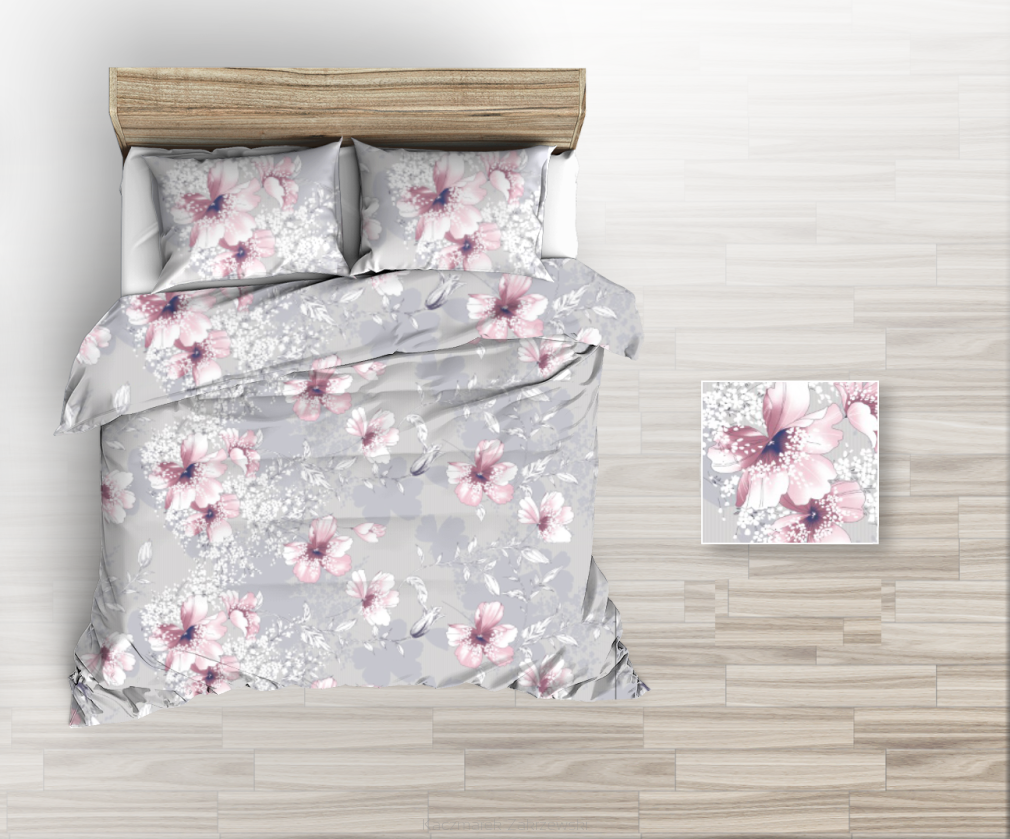 Pościel z kory 160x200 kwiaty duże różowe na szarym tle