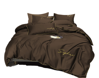 Pościel 200x220 brązowa złoty haft satynowa lamówka