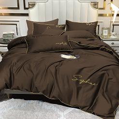 Pościel 200x220 brązowa złoty haft satynowa lamówka