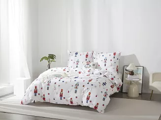 Biała Pościel Świąteczna Satyna Bawełniana z Nadrukiem 140x200 Xmass Nutcracker