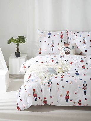 Pościel świąteczna satyna bawełniana Xmass Nutcracker 140x200 biała wielokolorowa dziadek do orzechów