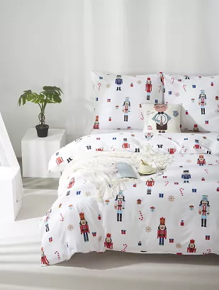 Pościel świąteczna satyna bawełniana Xmass Nutcracker 140x200 biała wielokolorowa dziadek do orzechó