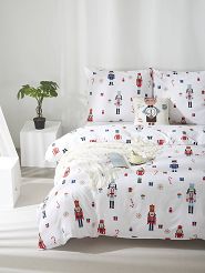 Pościel świąteczna satyna bawełniana Xmass Nutcracker 140x200 biała wielokolorowa dziadek do orzechó