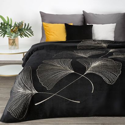 Koc narzuta GINKO1 150x200 Eurofirany czarny w złote liście miłorzębu