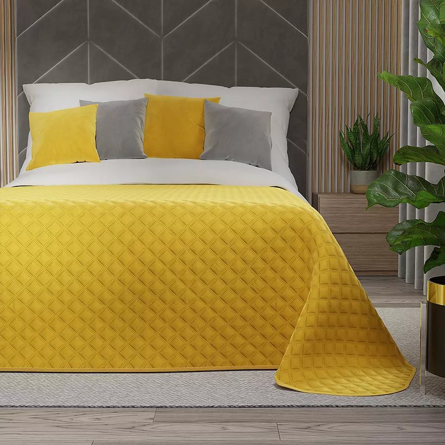 Narzuta dekoracyjna VELVI 170x210 pikowana w geometryczny wzór żółta