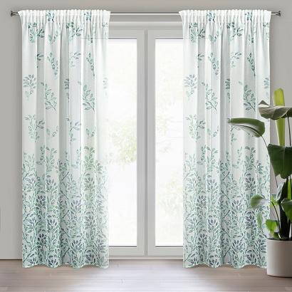Zasłona gotowa na taśmie CLARISSA 140x270 Design91 biała w delikatne zielone gałązki