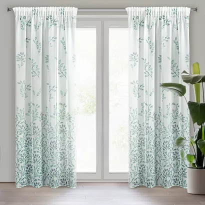 Zasłona gotowa na taśmie CLARISSA 140x270 Design91 biała w delikatne zielone gałązki
