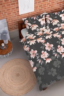 Pościel flanelowa 160x200 antracytowa koralowa kwiaty magnolii