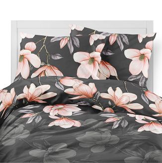 Pościel flanelowa 160x200 antracytowa koralowa kwiaty magnolii