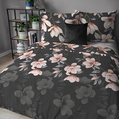 Pościel flanelowa 160x200 antracytowa koralowa kwiaty magnolii