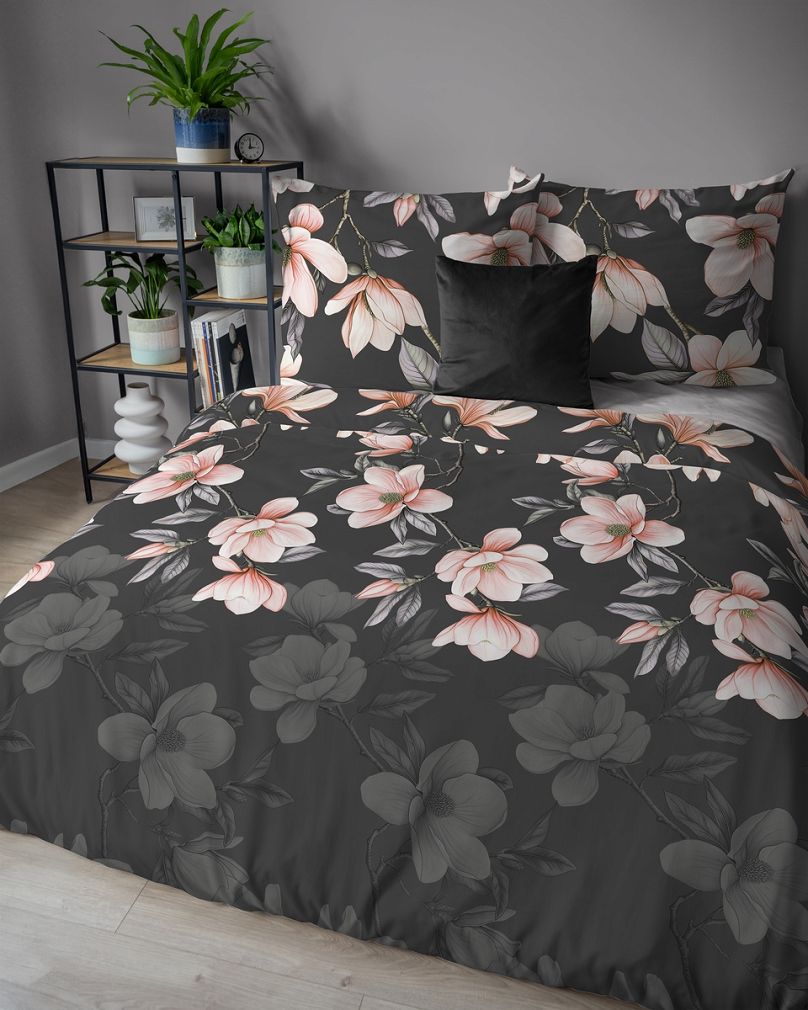 Pościel flanelowa 160x200 antracytowa koralowa kwiaty magnolii