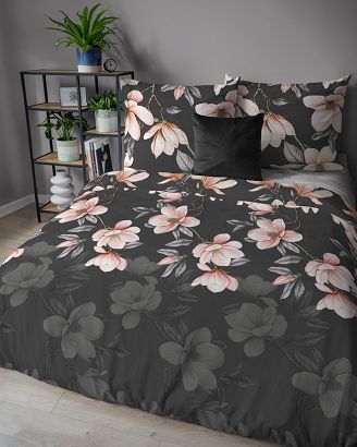 Pościel flanelowa 160x200 antracytowa koralowa kwiaty magnolii