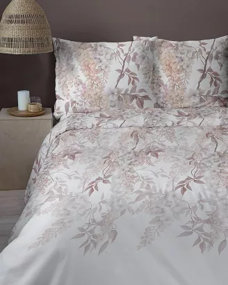 Pościel satynowa Home Satin 160x200 biała w wiszące różowo-pudrowe kwiaty glicynii wisterii