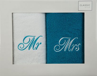 Komplet ręczników 2 szt. Mr-Mrs 70x140 Eurofirany biały ciemnoturkusowy
