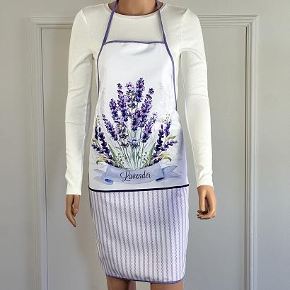 Fartuch kuchenny biały fioletowy kwiaty lawendy paski