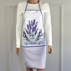 Fartuch kuchenny biały fioletowy kwiaty lawendy paski