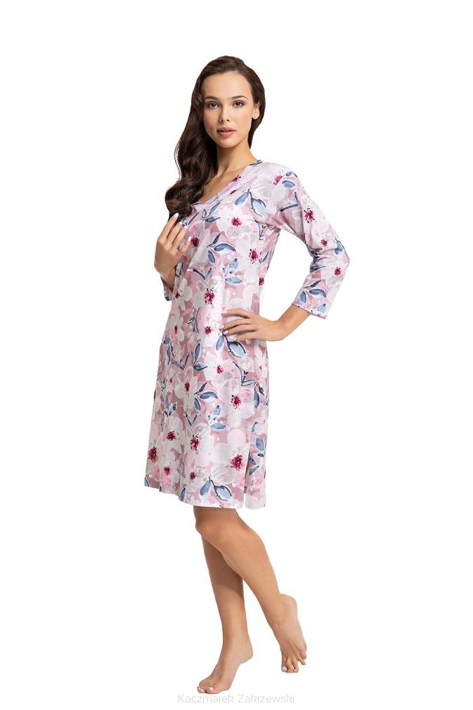 Koszula damska LUNA kod 72 pudrowa bordowa niebieska w akwarelowe kwiaty
